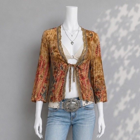 Piano Tops - Vintage Piano Y2K Tie Front Blouse L Brown Pink Paisley Fairy Boho Festival Top